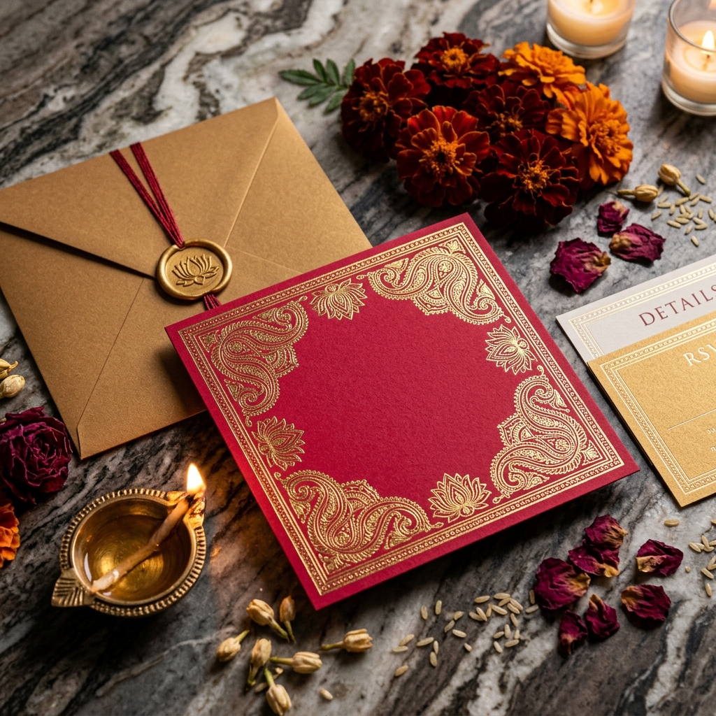 Luxury Indian wedding stationery with crimson and gold